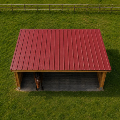 Dortoirs en bois pour chevaux avec toit rouge